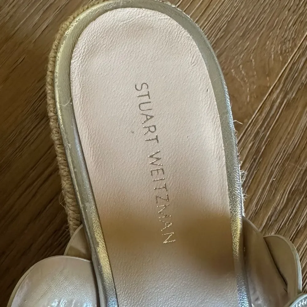 STUART WEITZMAN Twisted Espadrille Slide Sandal Platino Metallic Size 7 NEW